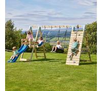 Rebo Polarplay Premium Double Swing Set With Climbing Wall And Slide - Navy Blue With Boat Seat