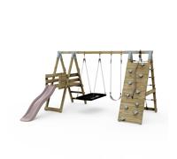 Rebo PolarPlay Premium Double Swing Set with Climbing Wall & Slide - Mint Green with Baby Seat in Dusty Pink Rebo Dusty Pink