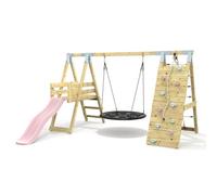 Rebo Polarplay Premium Single Garden Swing Set With Climbing Wall And Slide For Kids - Dusky Pink