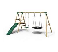 Rebo Ulysses Wooden Garden Swing Set With Platform And Slide For Kids - Green