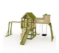 Rebo Wildwood Haven Tower Playhouse With Double Swing, Monkey Bars, Climbing Wall And Wave Slide