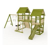 Rebo Wildwood Hollow Climbing Frame With Triple Swing, Climbing Wall And Wave Slide