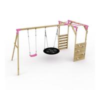 Rebo Wooden Children's Garden Swing Set With Monkey Bars - Double Swing - Meteorite Pink