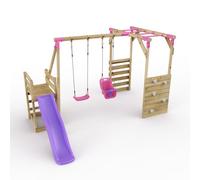 Rebo Wooden Children's Swing Set With Monkey Bars Plus Deck & 6Ft Slide - Double Swing - Luna Pink