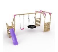 Rebo Wooden Children's Swing Set With Monkey Bars Plus Deck & 6Ft Slide - Double Swing - Meteortie Pink