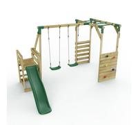Rebo Wooden Children's Swing Set With Monkey Bars Plus Deck & 6Ft Slide - Double Swing - Venus Green