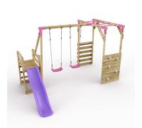 Rebo Wooden Children's Swing Set With Monkey Bars Plus Deck & 6Ft Slide - Double Swing - Venus Pink