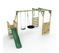 Rebo® Wooden Children's Swing Set with Monkey Bars plus Deck & 6ft Slide (Satellite Green)