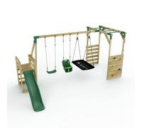 Rebo Wooden Children's Swing Set With Monkey Bars Plus Deck & 6Ft Slide - Triple Swing - Halley Green