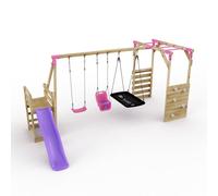 Rebo Wooden Children's Swing Set With Monkey Bars Plus Deck & 6Ft Slide - Triple Swing - Halley Pink