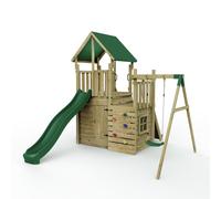 Rebo Wooden Climbing Frame with Play Tower & Slide - M8 Single Swing in Brown Rebo Brown