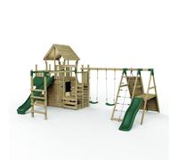 Rebo Wooden Climbing Frame with Swings, Den, Climbing Wall, Monkey Bars & 2 Slides in Brown Rebo Brown
