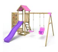 Wooden Climbing Frame with Swing, Vertical Climbing Wall and Slide - Rainier Pink Rebo Pink One Size