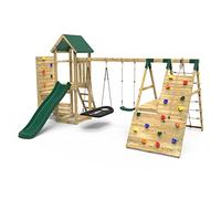 Rebo Wooden Climbing Frame with Vertical Rock Wall, Swing Set and Slide - San Luis