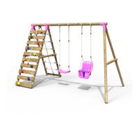 Rebo Wooden Double Swing Set with Baby Seat & Up & Climbing Wall - Kai Pink Rebo Pink