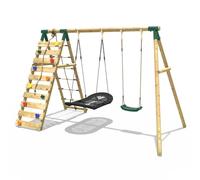 Rebo Wooden Double Swing Set with Boat Swing & Climbing Wall - Sage Green Rebo Green