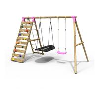 Rebo Wooden Double Swing Set with Boat Swing & Climbing Wall - Sage Pink Rebo Pink