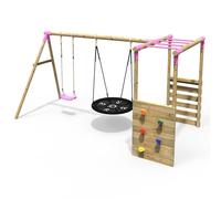 Rebo Wooden Double Swing Set with Climbing Wall & Monkey Bars - Meteorite Pink Rebo Pink