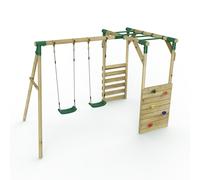 Rebo Wooden Double Swing Set with Climbing Wall & Monkey Bars - Venus Green Rebo Green