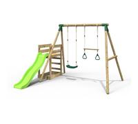 Rebo Wooden Double Swing Set with Trapeze Bar & Slide - Janus Green Rebo Green