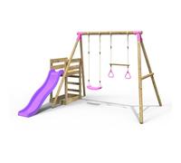 Rebo Wooden Double Swing Set with Trapeze Bar & Slide - Janus Pink Rebo Pink