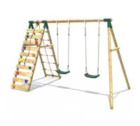 Rebo Wooden Double Swing Set with Up & Over Climbing Wall - Ela Green Rebo Green