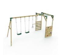 Wooden Swing Set with Trapeze, Climbing Wall and Monkey Bars - Comet Green Rebo Green One Size