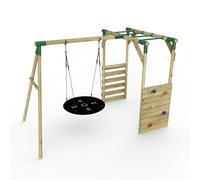 Wooden Single Swing Set with Climbing Wall and Monkey Bars - Mercury Green Rebo Green One Size