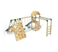 OutdoorToys Wooden Garden Climbing Frame with Swing, Climbing Wall, Monkey Bars & Two Slides for Kids - Pennine Green OutdoorToys Green