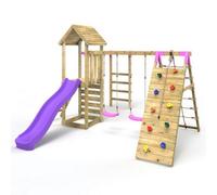 Rebo Wooden Garden Climbing Frame With Swings, Slide, Up & Over Climbing Wall And Monkey Bars For Kids - Dolomite Pink