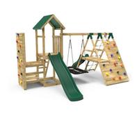 Rebo Wooden Garden Climbing Frame With Vertical Rock Wall, Swing Set And Slide For Kids - Crestone+
