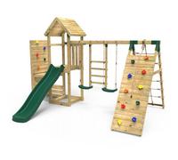 Rebo Wooden Garden Climbing Frame With Vertical Rock Wall, Swing Set And Slide For Kids - Dolomite+