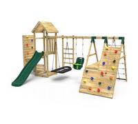 Rebo Wooden Garden Climbing Frame With Vertical Rock Wall, Swing Set And Slides For Kids - Cairngorm+