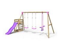 Rebo® Wooden Swing Set plus Deck and Slide - Neptune Pink | OutdoorToys | Kids' Outdoor Wooden Play Equipment for Gardens, Frame and Accessories Included, Weather Resistant