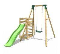 Rebo® Wooden Swing Set Plus Deck and Slide - Solar Green | OutdoorToys | Kids' Playset - Sturdy Construction, Pressure Treated Timber, Soft-Feel Ropes