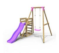 Rebo Wooden Garden Swing Set Plus Deck & Slide For Kids - Solar Pink