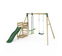 Rebo® Wooden Swing Set Plus Deck and Slide - Star Green | OutdoorToys, Kids' Outdoor Wooden Play Equipment for Gardens, Frame and Accessories Included, Weather Resistant