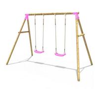 Rebo® Children's Wooden Garden Swing Set - Venus Pink | OutdoorToys | Pressure Treated Timber, Soft Feel Ropes, Two Green Swing Seats, Sturdy Construction for Kids