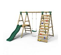 Rebo Wooden Garden Swing Set With Deck And Slide Plus Up And Over Climbing Wall For Kids - Amber Green