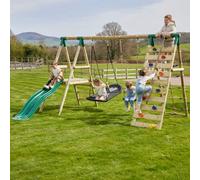 Rebo Wooden Garden Swing Set With Deck And Slide Plus Up And Over Climbing Wall For Kids - Quartz Green
