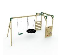 Wooden Double Swing Set with Climbing Wall and Monkey Bars - Meteorite Green Rebo Green One Size