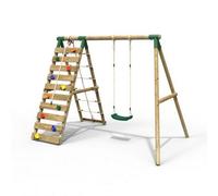 Rebo® Wooden Swing Set with Up and Over Climbing Wall - Aria Green | OutdoorToys | Colourful Climbing Rocks, Sturdy Wooden Construction, Pressure Treated Timber