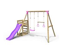 Rebo® Wooden Swing Set Plus Deck and Slide - Janus Pink | OutdoorToys | Kids' Playset - Trapeze, Sturdy Construction, Pressure Treated Timber, Soft-Feel Ropes