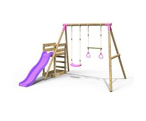 Rebo® Wooden Swing Set Plus Deck and Slide - Janus Pink | OutdoorToys | Kids' Playset - Trapeze, Sturdy Construction, Pressure Treated Timber, Soft-Feel Ropes