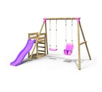 Rebo® Wooden Swing Set Plus Deck and Slide - Luna Pink | OutdoorToys | Kids' Outdoor Wooden Play Equipment for Gardens, Frame and Accessories Included, Weather Resistant