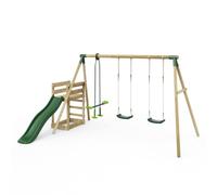 Rebo® Wooden Swing Set Plus Deck and Slide - Neptune Green | OutdoorToys | Kids' Playset - Sturdy Construction, Pressure Treated Timber, Soft-Feel Ropes