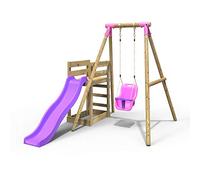 Rebo® Wooden Swing Set Plus Deck and Slide - Pluto Pink | OutdoorToys | Kids' Outdoor Wooden Play Equipment for Gardens, Frame and Accessories Included, Weather Resistant