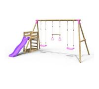 Rebo® Children's Wooden Swing Set Plus Deck and Slide - Comet Pink | OutdoorToys | Kids' Playset - Sturdy Construction, Pressure Treated Timber, Soft-Feel Ropes