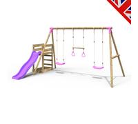 Rebo® Children's Wooden Swing Set Plus Deck and Slide - Comet Pink | OutdoorToys | Kids' Playset - Sturdy Construction, Pressure Treated Timber, Soft-Feel Ropes