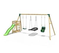 Rebo Wooden Swing Set Plus Deck & Slide - Halley Green